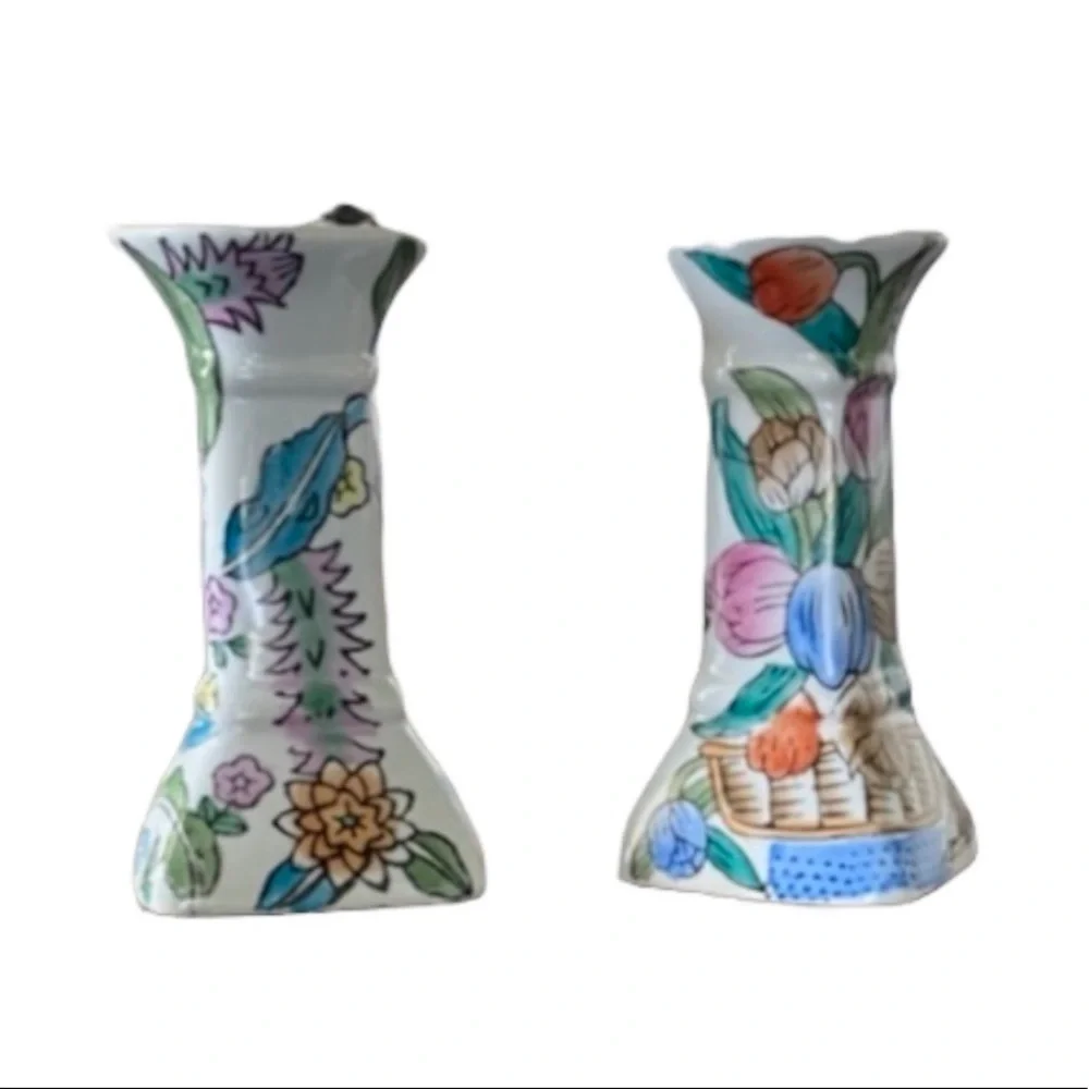 Vintage Chinoiserie & Floral Style Taper Candlestick Holders - set of 2